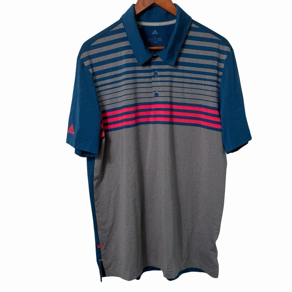 Adidas Golf Polo Shirt Mens Large Blue Gray Striped Climalite Performance Pink